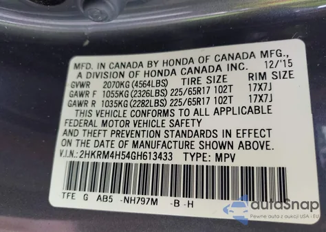 2016 Honda Cr-V Ex z USA, uszkodzony, nr VIN 2HKRM4H54GH613433